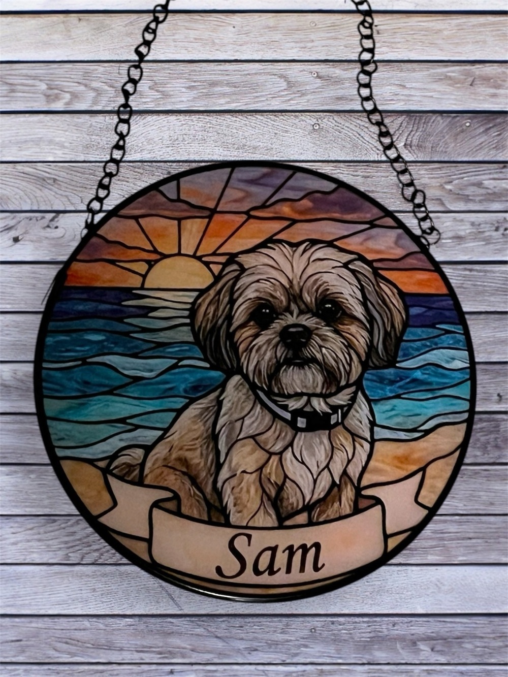 NEW Personalized Circular Glass Dog Suncatcher in metal frame with chain - 'Sam'